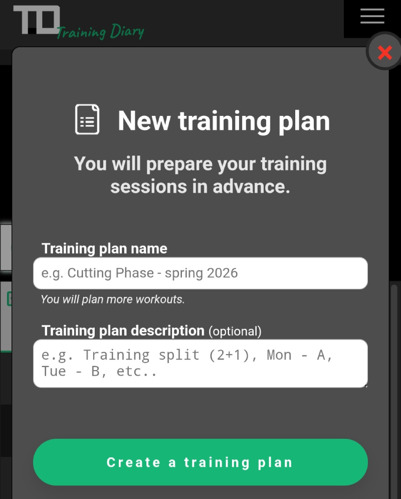 Modal for creating a new Training Plan in the Training Diary (TD) app with fields for the plan name and its description.