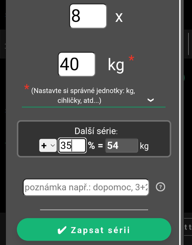 Detail zápisu série v aplikaci tréninkový deník (TD) s počtem opakování, použitou zátěží a návrhem zátěže pro následující sérii.