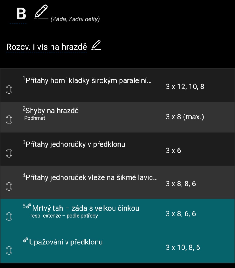 Detail tréninkového plánu v aplikaci Tréninkový deník (TD) s naplánovanými cviky, sériemi a opakováními.