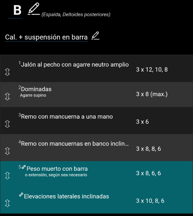 Detalle de un plan de entreno en la aplicación Diario de entreno (TD) con ejercicios, series y repeticiones planificados.