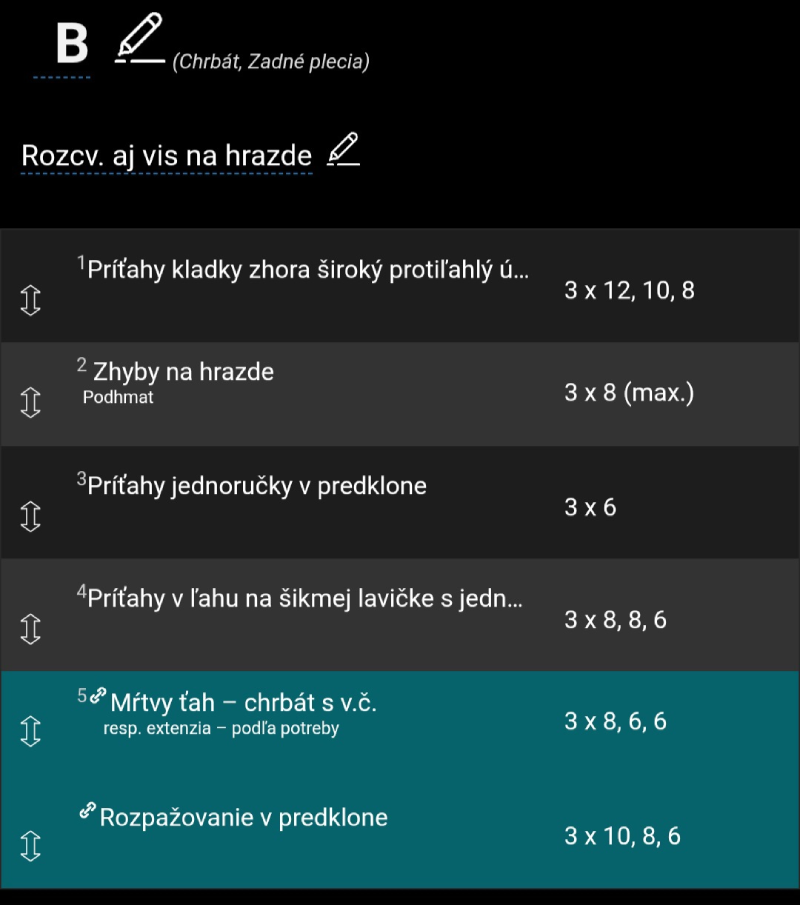 Detail tréningového plánu v aplikácii Tréningový denník (TD) s naplánovanými cvikmi, sériami a opakovaniami.