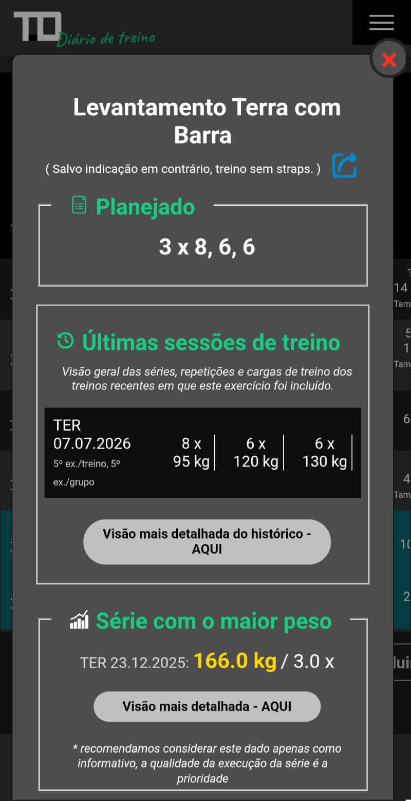 Detalhes do exercício no Diário de treino TD com o histórico das séries anteriores, cargas utilizadas, repetições e o melhor desempenho registrado