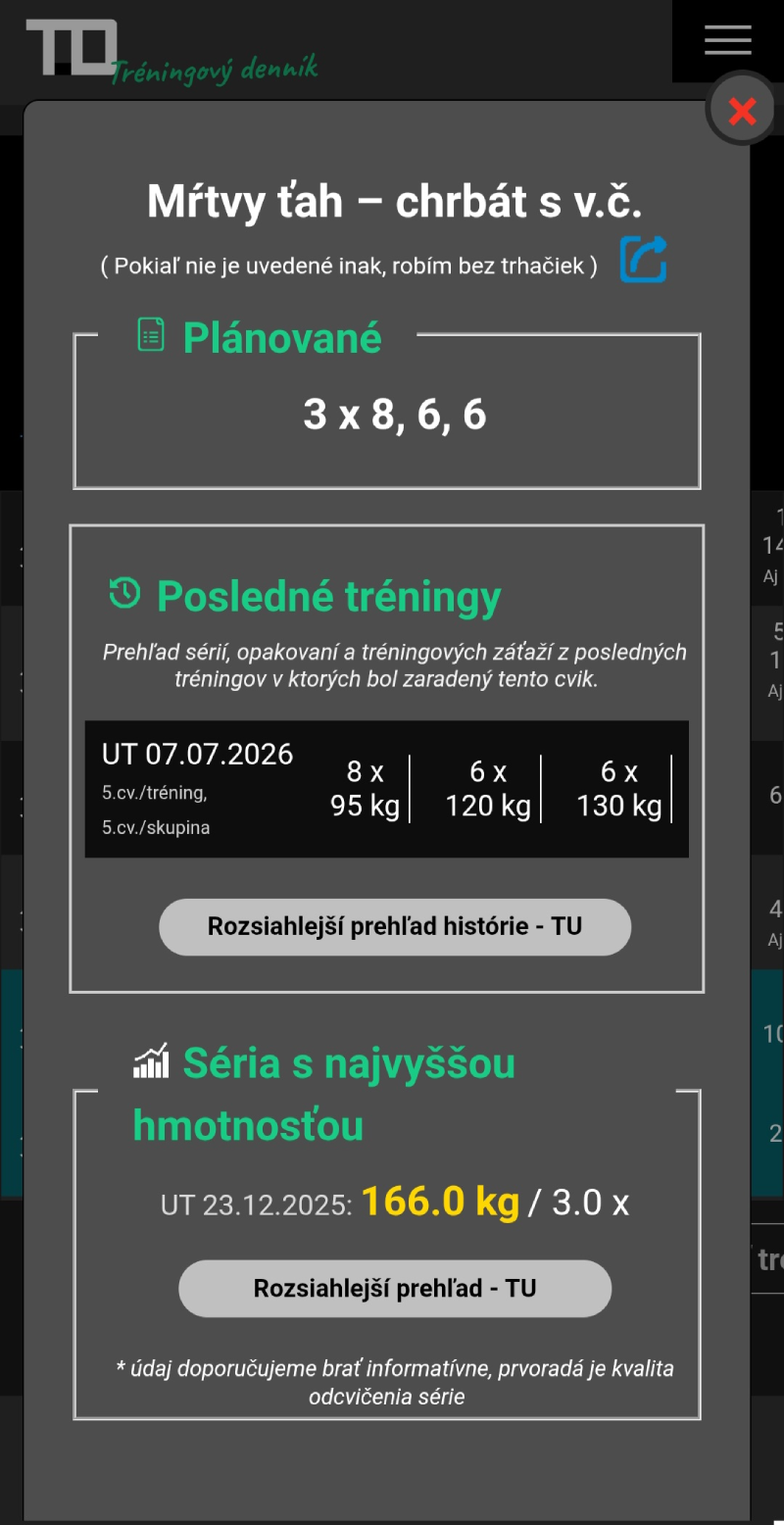 Detail cviku v tréningovom denníku TD s prehľadom predchádzajúcich sérií, použitých váh, počtu opakovaní a najlepšieho dosiahnutého výkonu