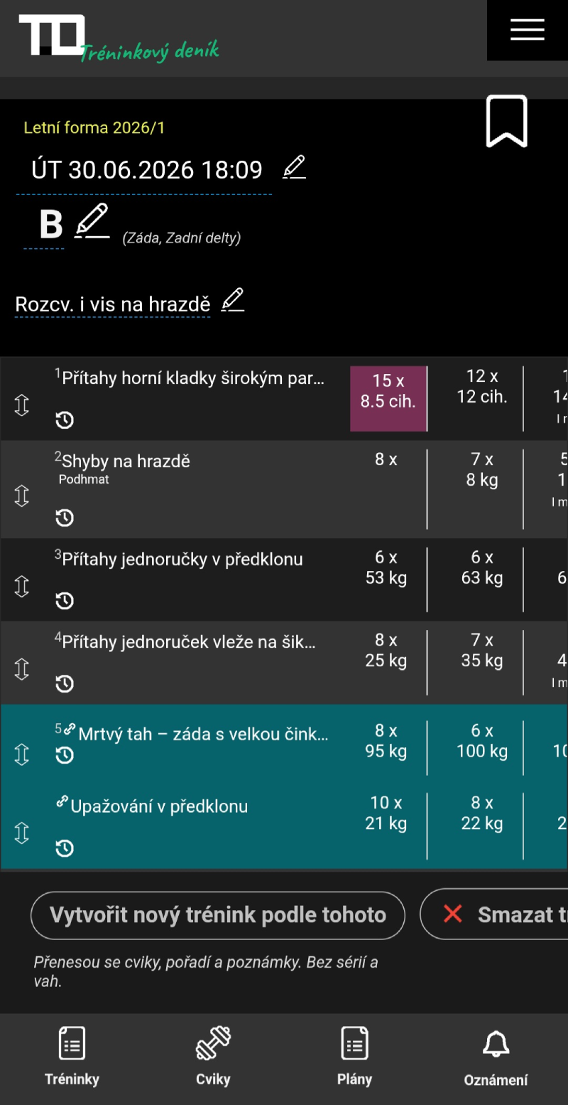 Detail zaznamenaného tréninku v tréninkovém deníku TD s datem, cviky, použitými váhami, počtem opakování a poznámkami k sériím