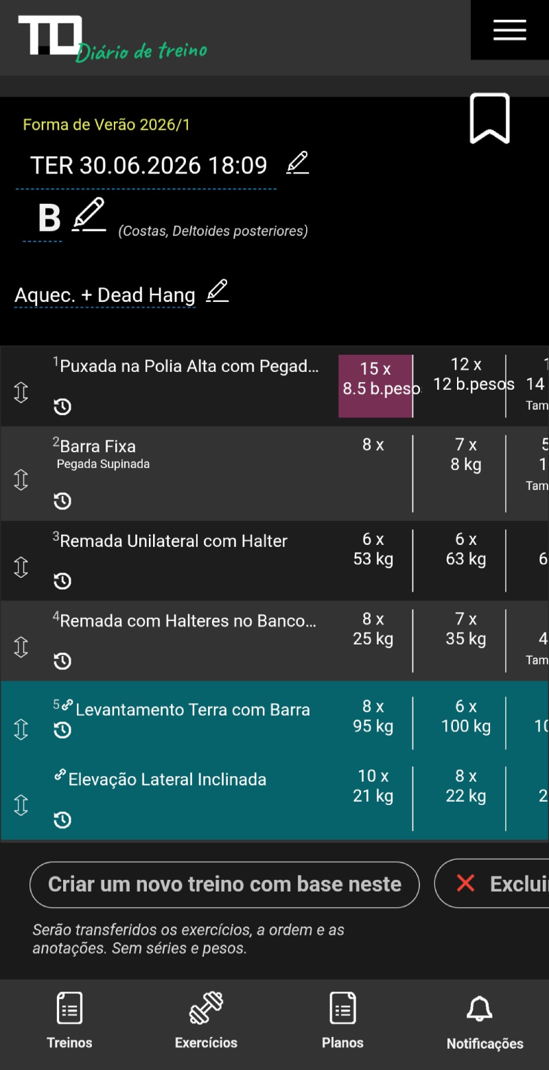 Detalhes de um treino registrado no Diário de treino TD com a data, exercícios, cargas utilizadas, repetições e observações das séries