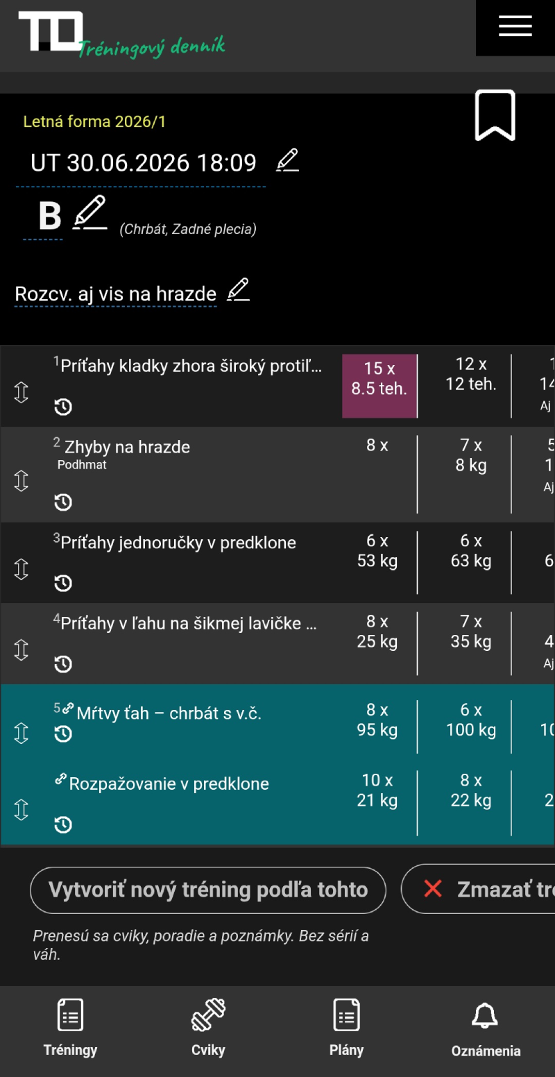 Detail zaznamenaného tréningu v tréningovom denníku TD s dátumom, cvikmi, použitými váhami, počtom opakovaní a poznámkami k sériám
