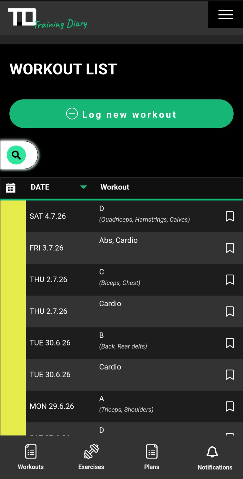 List of recorded workouts in the TD Training Diary with an overview of workout dates and titles